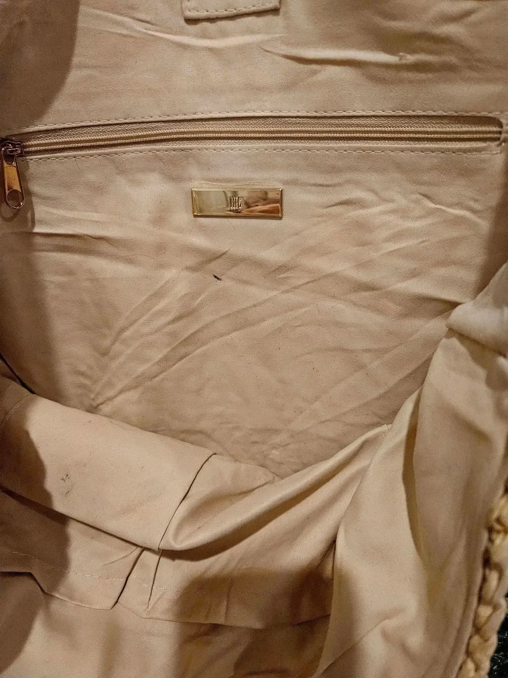 Macy's Woven Straw Tote with Green & Black Leaf Print and Brown Straps